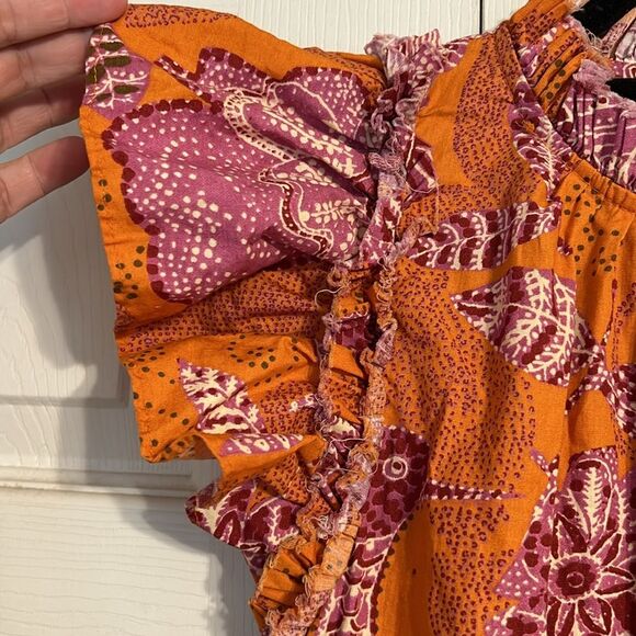 House Of Harlow 1960 Orange Floral Bird Boho Tiered Mini Dress Ruffle Small - Picture 3 of 7